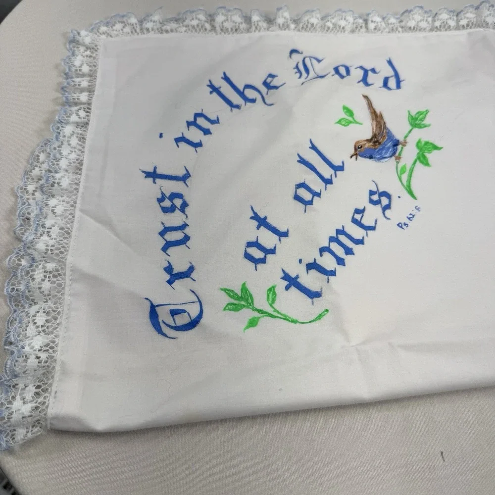 Vintage Pillowcase‎ With Lace And Painted 